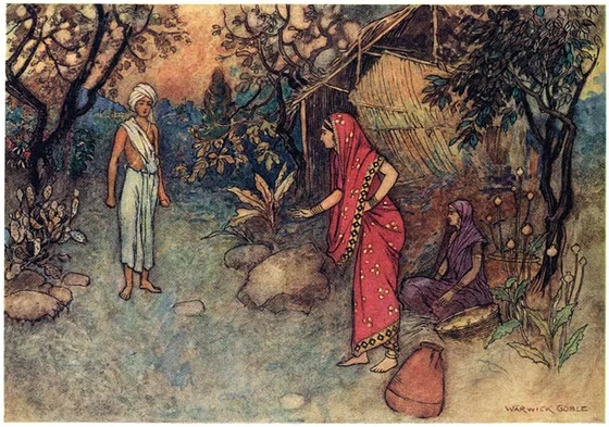 The ghost in the Brahman’s borrowed appearance returns to the household, Warwick Goble, 1912