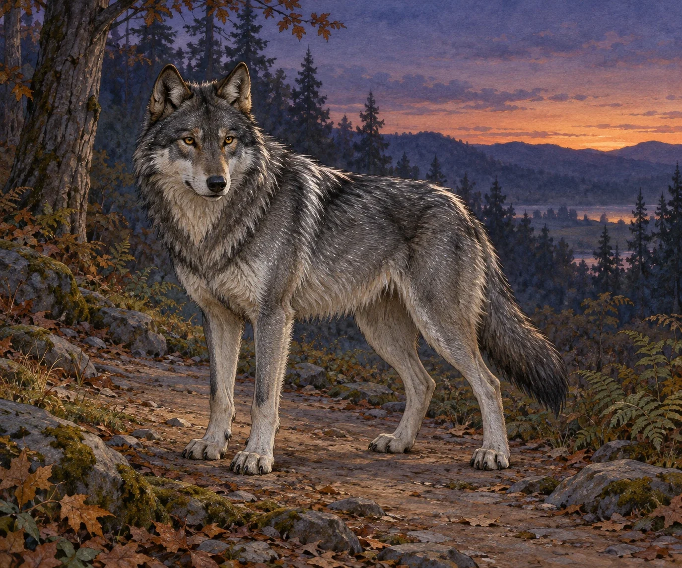 Interpretive Iron Wolf on a woodland path