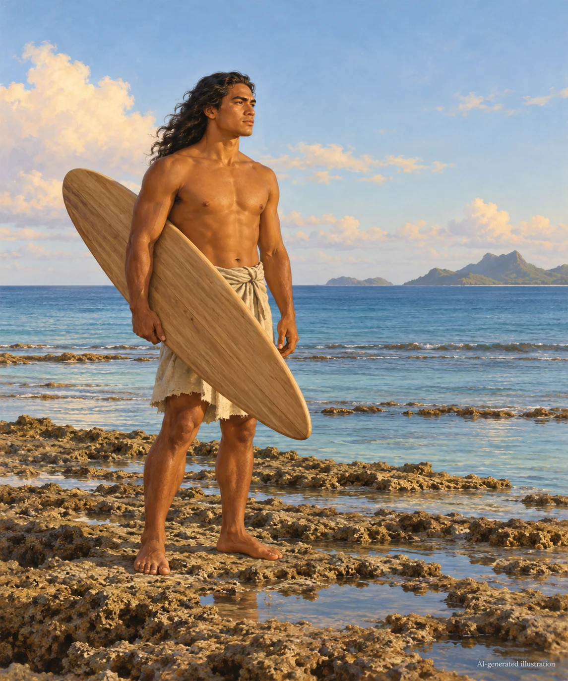 An imagined Ngaru stands on a dry reef carrying the light surfboard Orua.