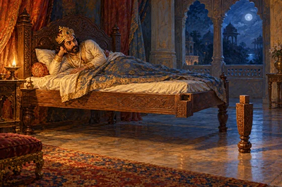 A Raja lies awake on a wooden bed with three attached supports while one detached carved leg stands beside its empty corner.
