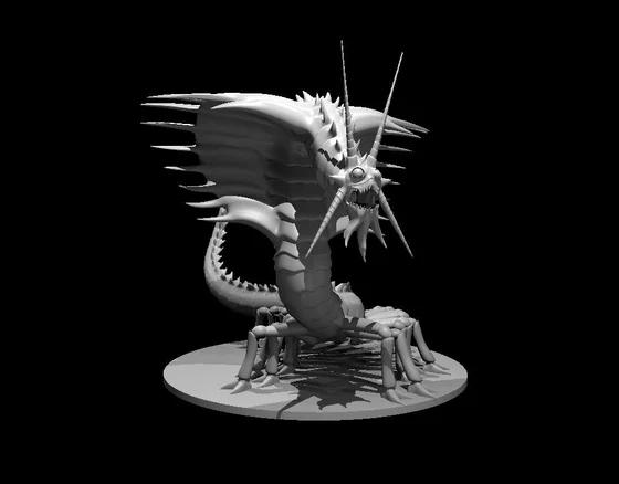 Grey rearing segmented remorhaz miniature with many jointed legs, long antennae, toothed jaws and broad spined lateral frills, on a circular base against black.
