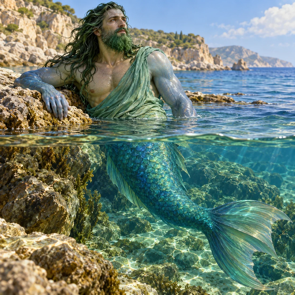 A green-bearded sea god with blue arms and a fish tail rests beside a coastal rock.