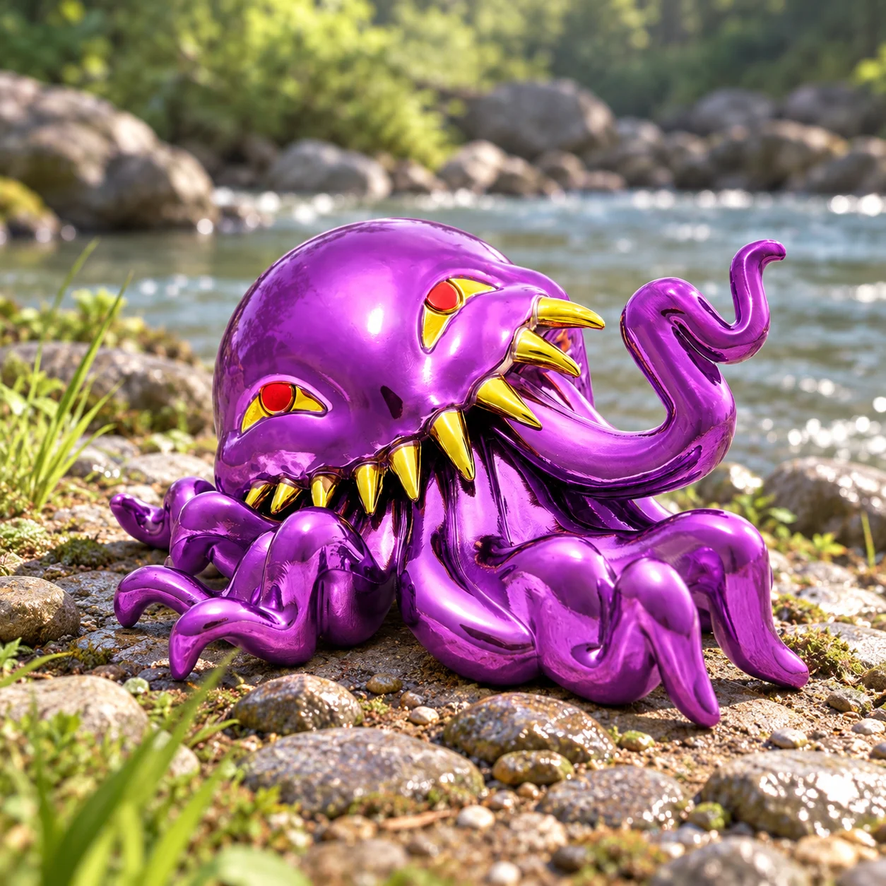 Purple octopus with toothy grin.