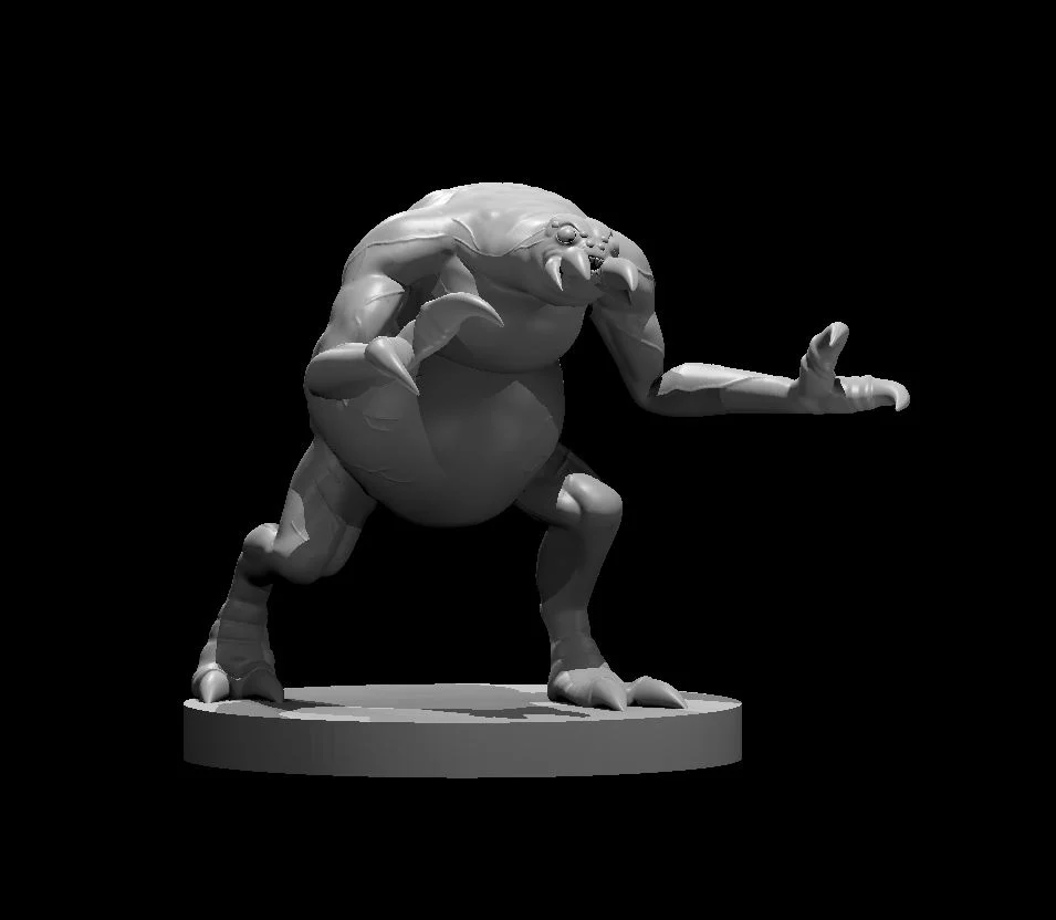 Grey hunched humanoid miniature with multiple spiderlike eyes, large fangs, swollen abdomen and clawed hands, standing on a circular base against black.
