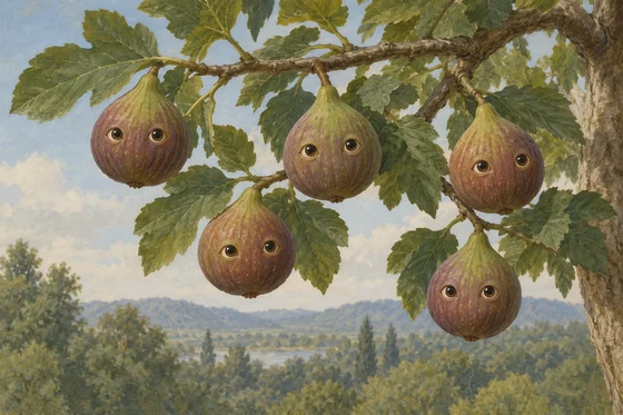 AI-generated eyed fruit on a generic tree branch in the final phase of Hollis’s sycamore-children story