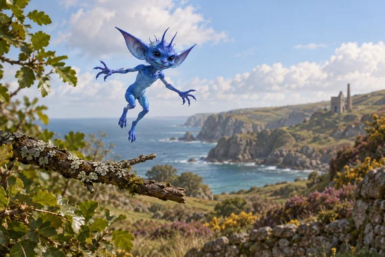 Unofficial AI interpretation of a tiny wingless electric-blue Cornish pixie.