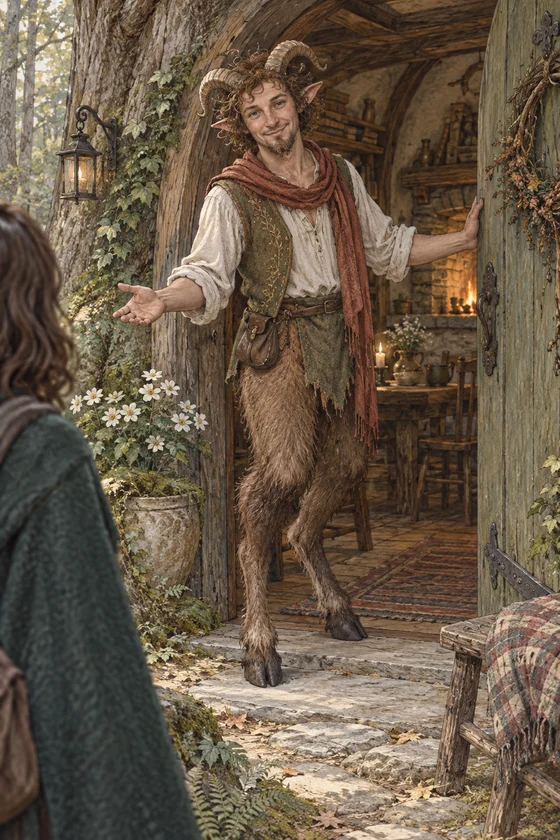 An imagined Narnian faun offering woodland hospitality.