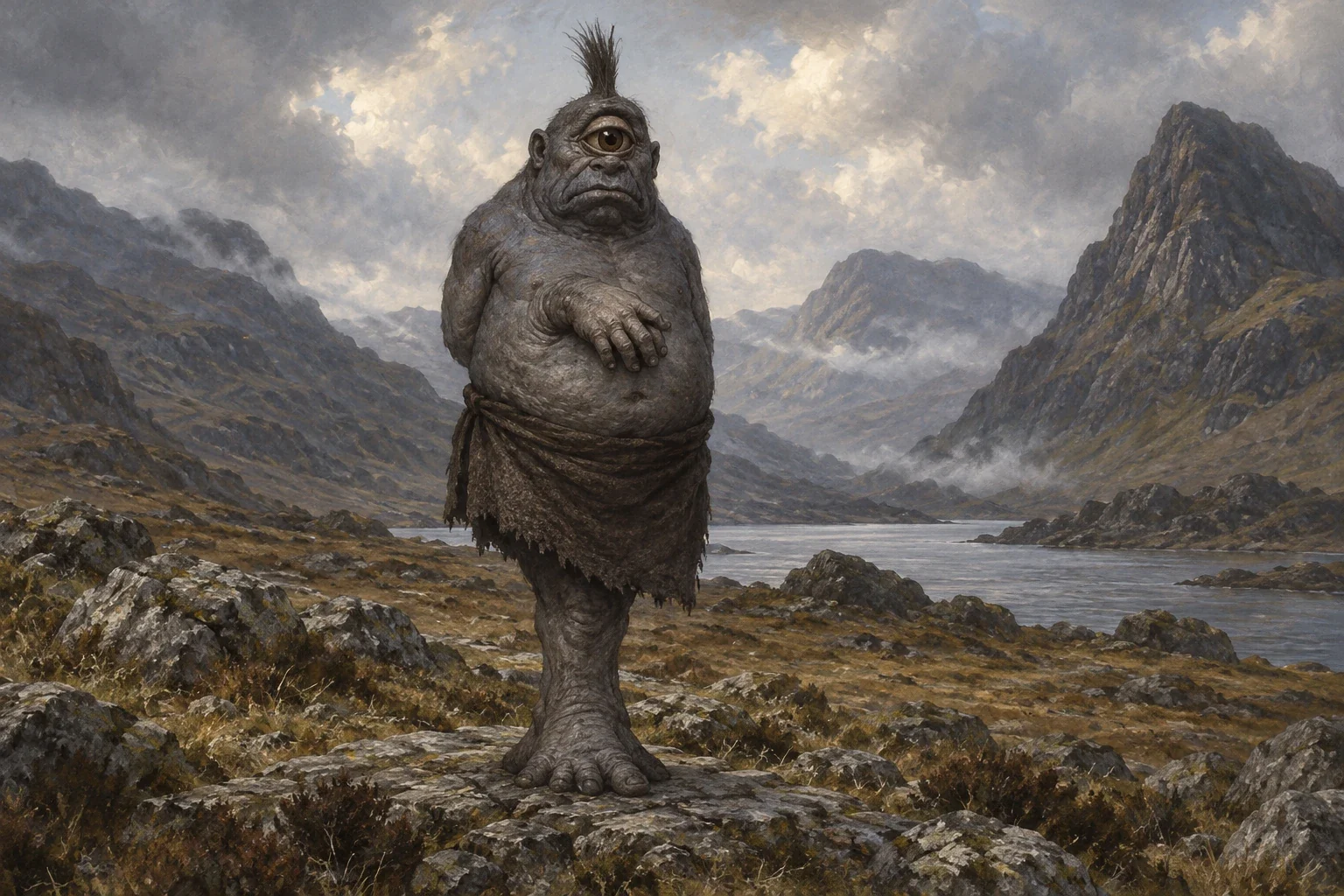 Fachan - AI-generated imagined folklore illustration.