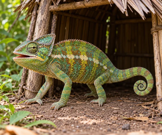 A complete chameleon at an imagined shelter entrance.
