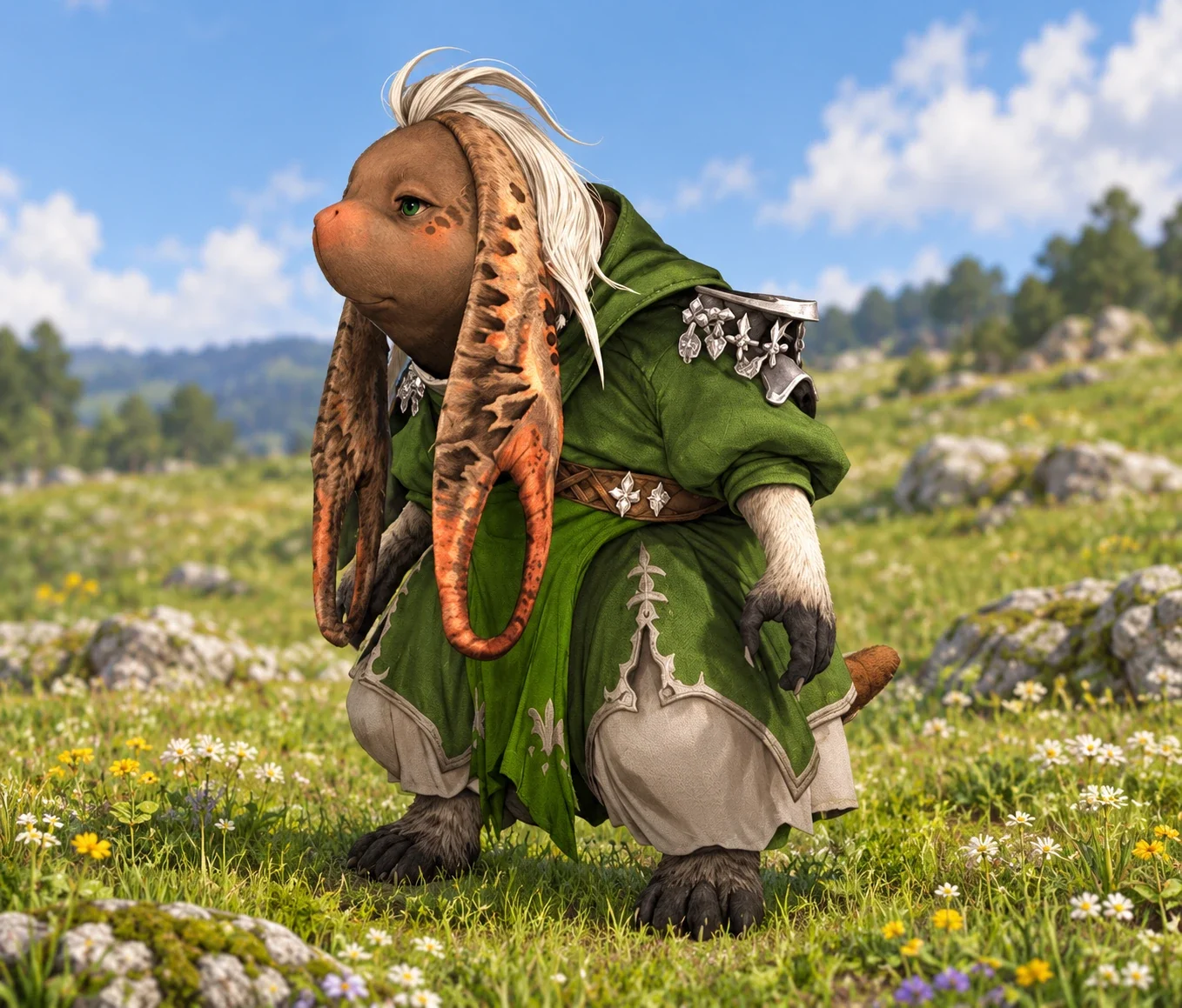 Stout canine-looking fae with hanging ears and green clothing.