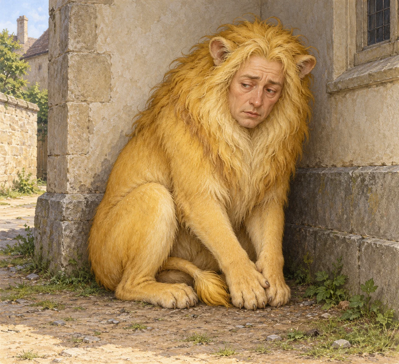 A yellow lion-bodied creature with a human face holds its tail between its legs near a plain building.