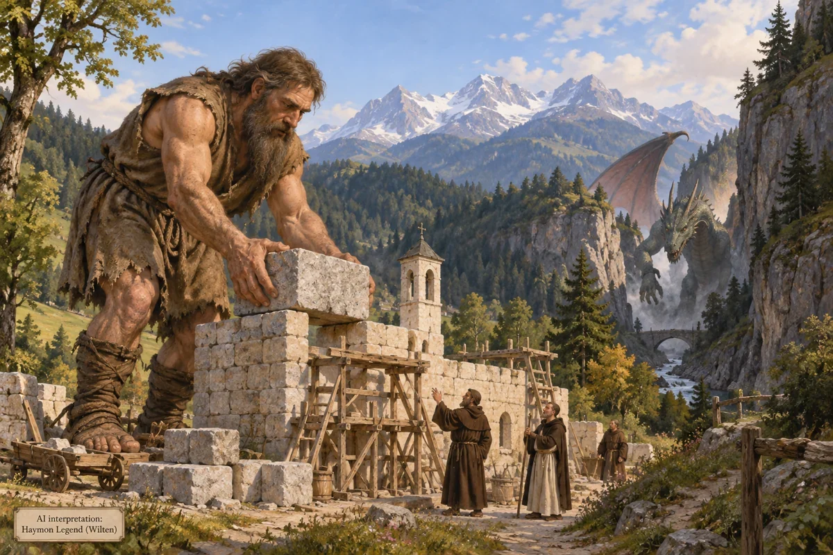 AI interpretation of Haymon’s construction. Figures, dragon and architecture imagined.