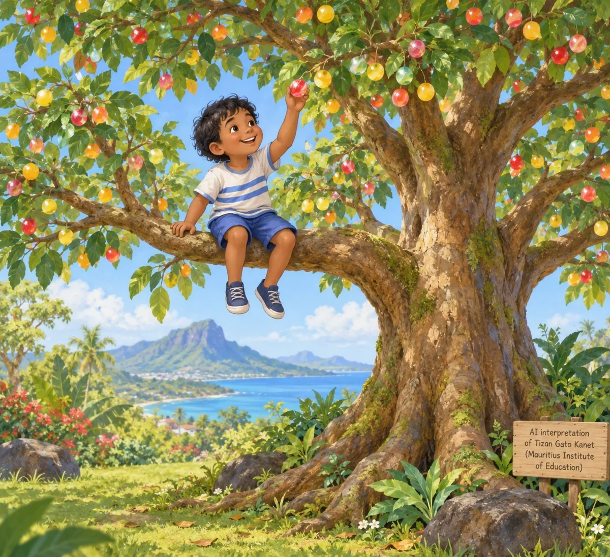 AI interpretation of Tizan’s sweet tree. Figure and landscape imagined.