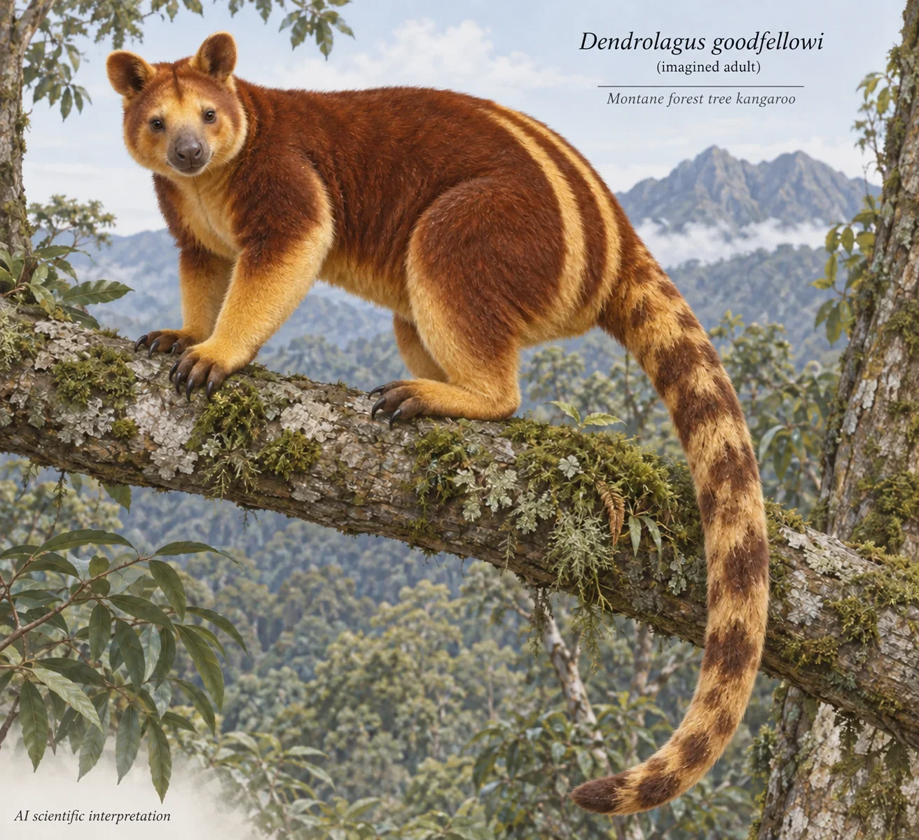 AI tree kangaroo with paired golden rump stripes and mottled tail.
