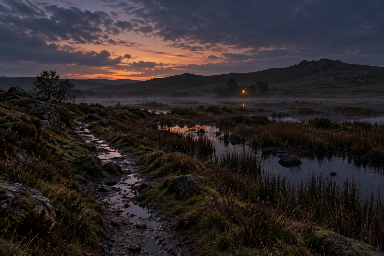 Imagined bog margin at dusk with a foreground path and one distant warm light