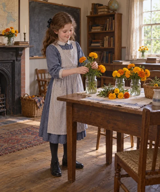 Imagined Kathleen places marigold stems in reused jam jars beside a school-room table.