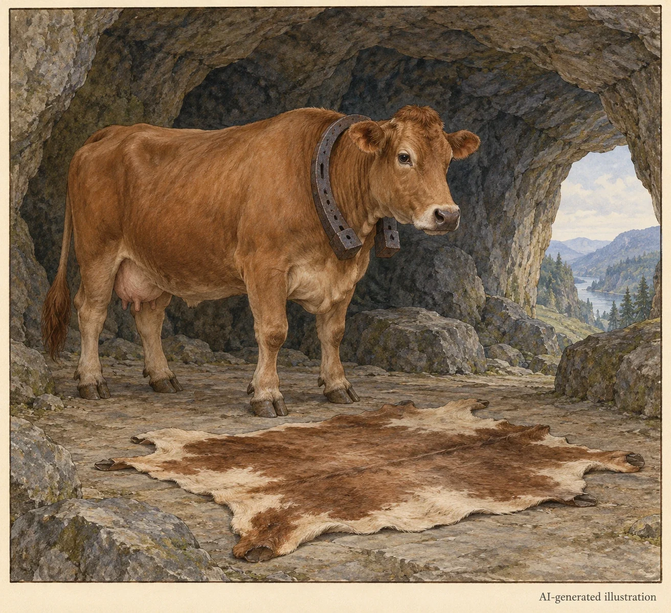 An imagined massive cow stands in a rock chamber beside a flat hide, with a horseshoe-shaped restraint around her neck.