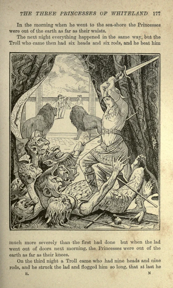 Many-headed Whiteland troll confronted by the rescuer, H. J. Ford, 1890