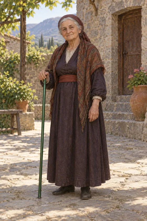 An elderly woman holds a plain green metal rod beside her in a quiet courtyard