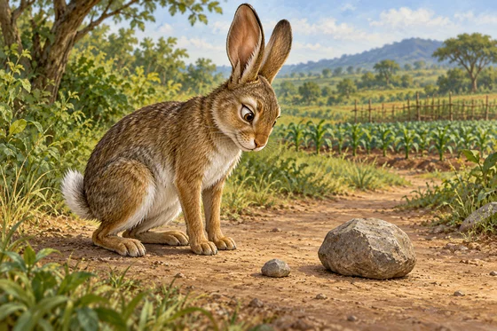 Complete imagined rabbit beside a large and a small stone.