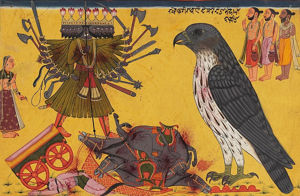 Many-headed Ravana confronted by Jatayu, early18th century