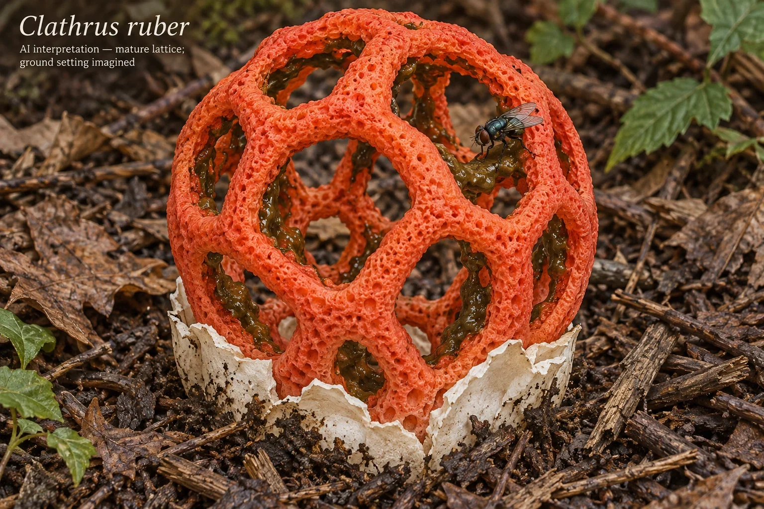 AI red lattice stinkhorn emerging from its egg.
