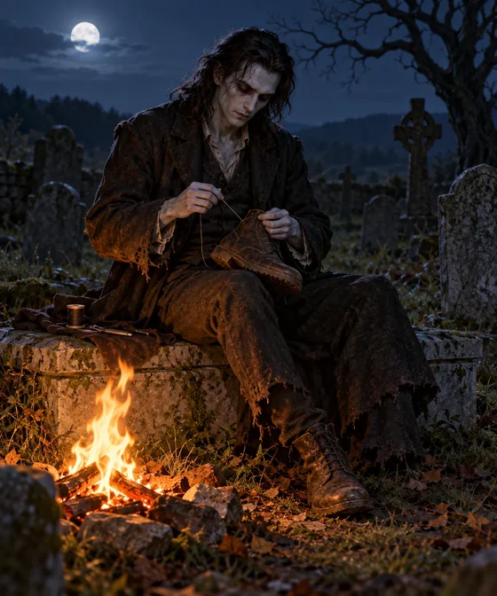 Revenant sews a boot beside a graveyard fire.