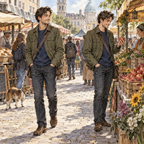 An imagined doppler disguise represented by two matching men in a marketplace.