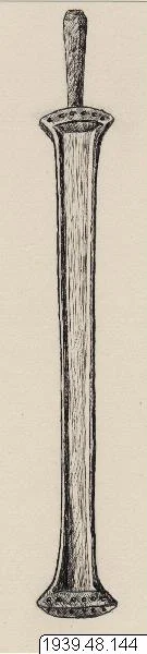Monochrome drawing of a long narrow musical instrument with a projecting handle, shown complete with its inventory label.