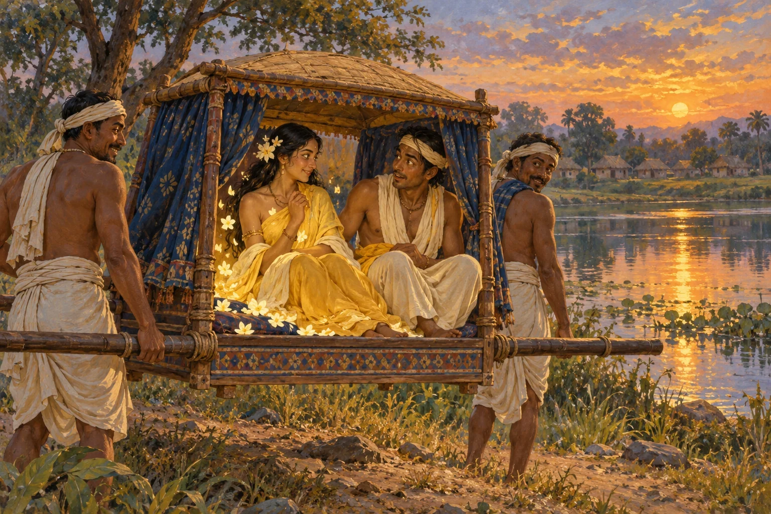 A woman in yellow sits beside her bridegroom in a decorated palanquin by a village tank, with flower shapes around her and two bearers outside.