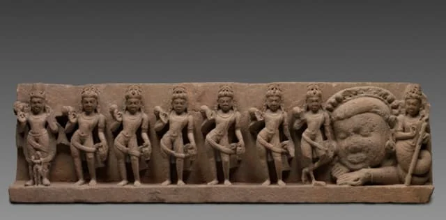 Navagraha relief with Rāhu’s disembodied head second from the right, Central India, 700s