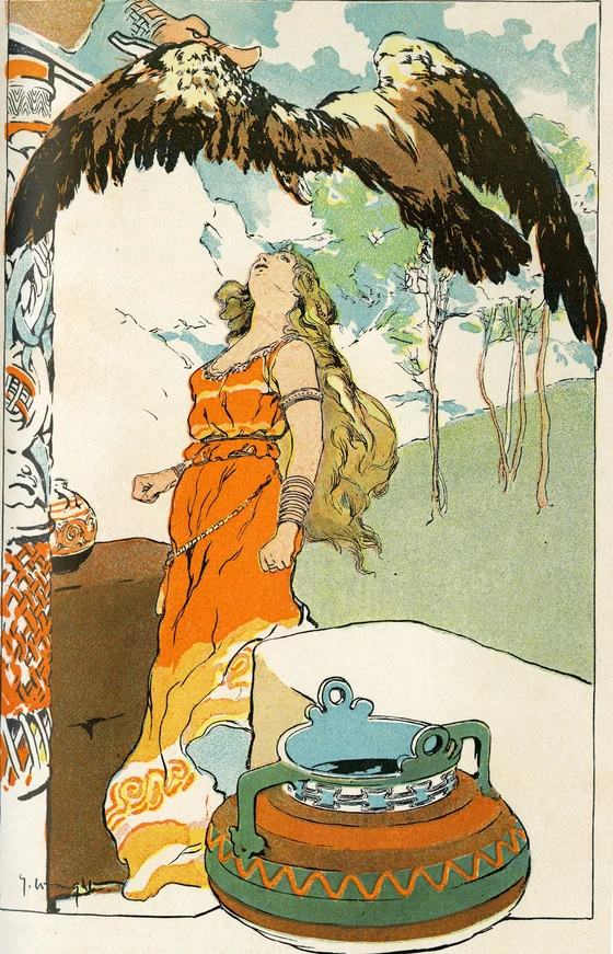 Þjazi in eagle form approaches Iðunn, George Hand Wright, 1902