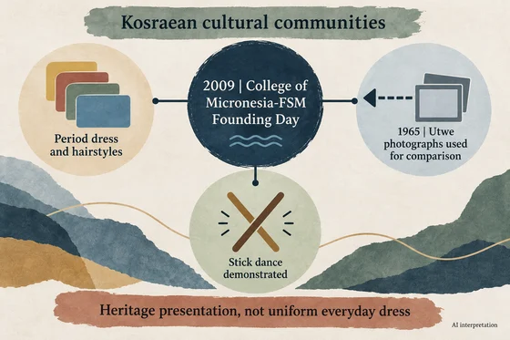 AI interpretation: diagram of the three documented components of Kosraean heritage presentation at Founding Day 2009.