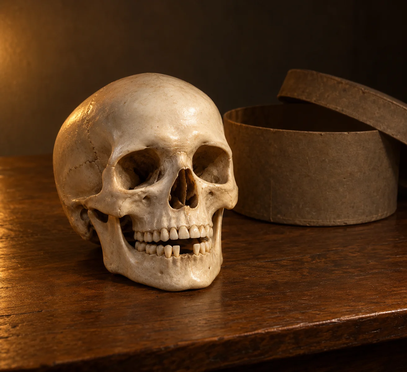 A complete polished white human skull with two missing lower central incisors rests beside an open cardboard bandbox.