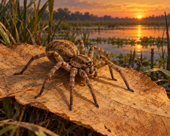 Whole imagined spider on a leaf beside marsh water; some rear leg portions overlap.