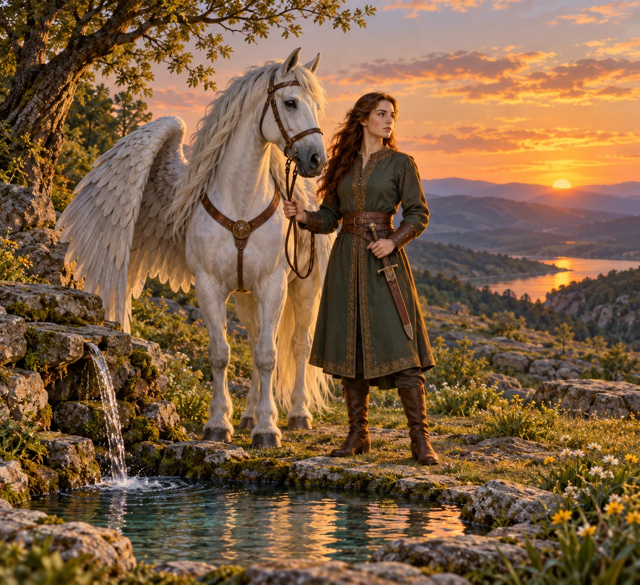 The maiden and her winged horse before the challenge; appearance, clothing and setting interpreted.