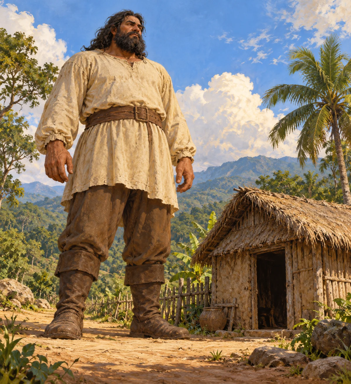 Pata de Barro before the confrontation; giant form, clothing and hut are contextual interpretations.