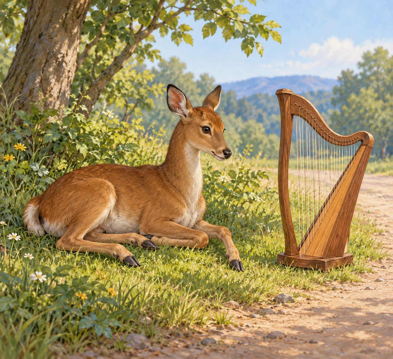 Whole imagined deer-like animal resting beside a separate wooden harp.