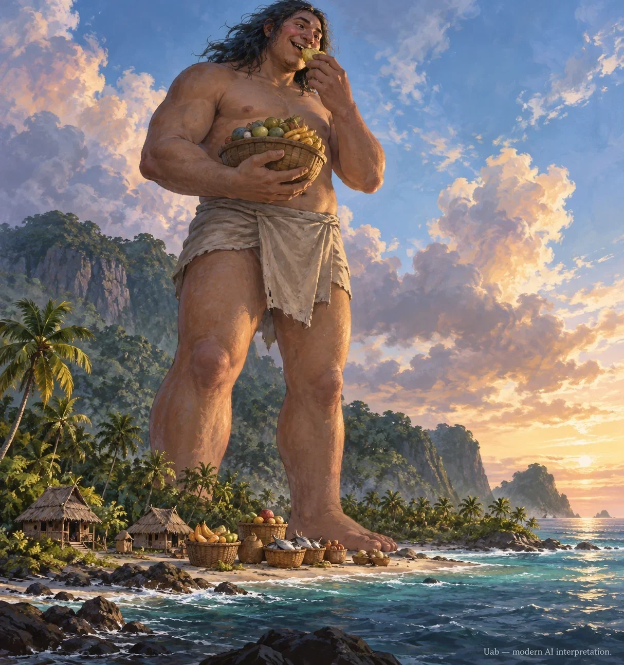 AI imagined Uab towering over food on Angaur.