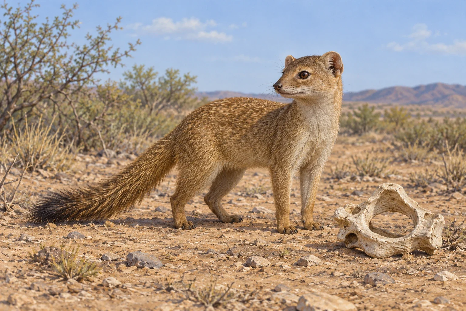 A small mongoose-shaped animal stands beside a clean ring-shaped vertebra