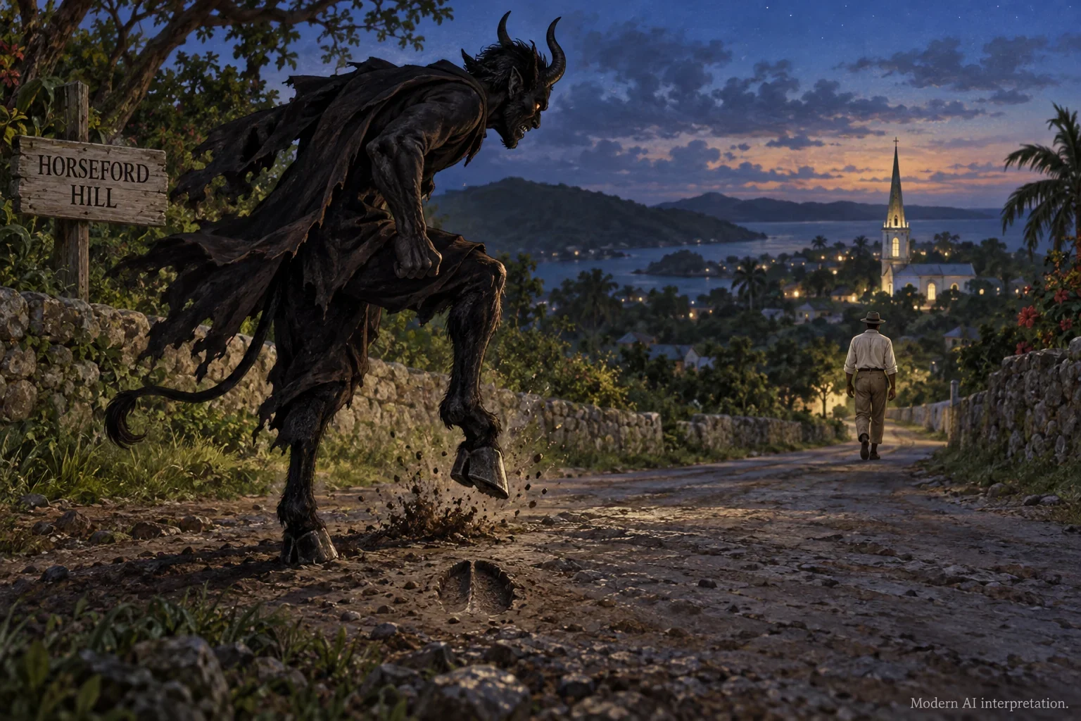 AI imagined devil stamping a hoof at a church boundary.