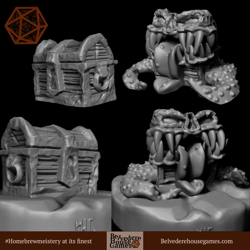 Four-view branded render of grey chest and Mimic miniatures: two closed iron-banded chests and two open, toothed chest creatures with long tongues and knobbly tentacles.