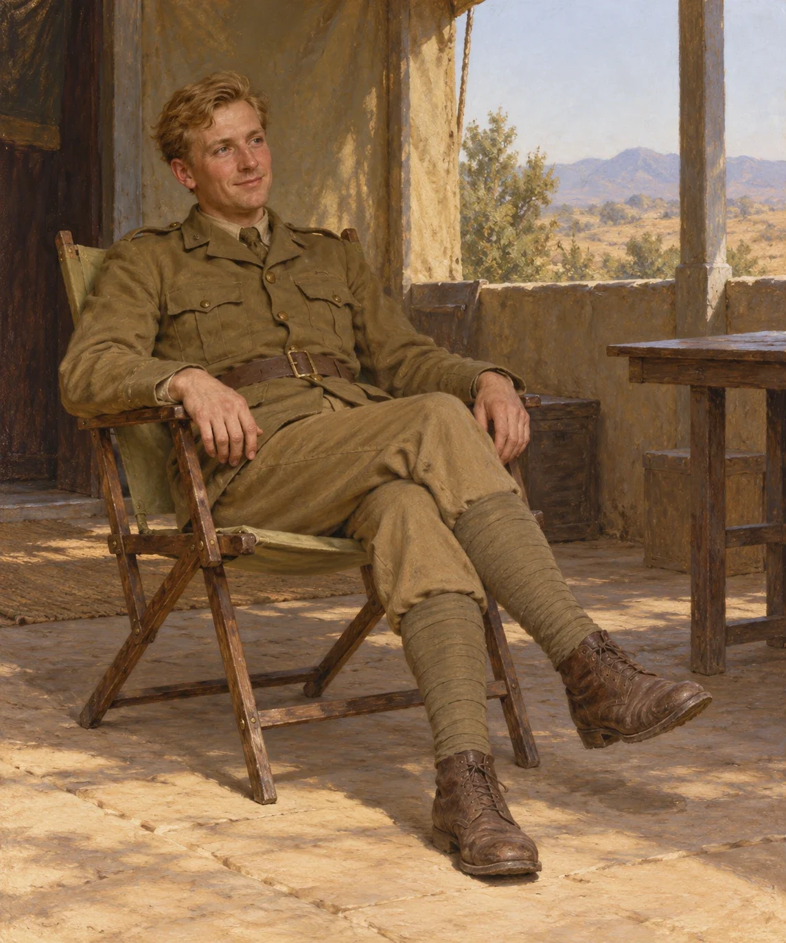 AI interpretation of Wells’s sandy-haired lieutenant seated in a folding chair during his account.