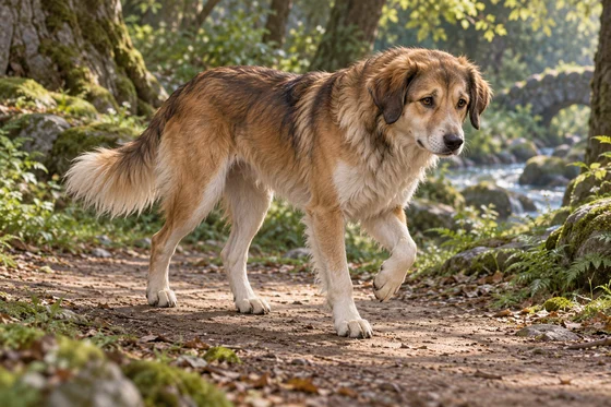 Imagined dog form of the enchanted prince on a forest path.