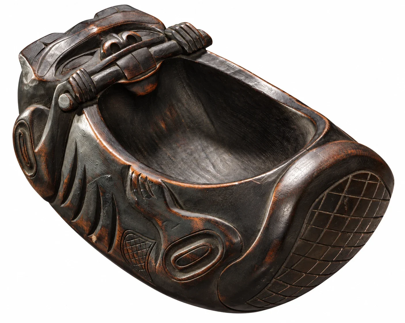 Dark wooden beaver-shaped bowl with open hollow.