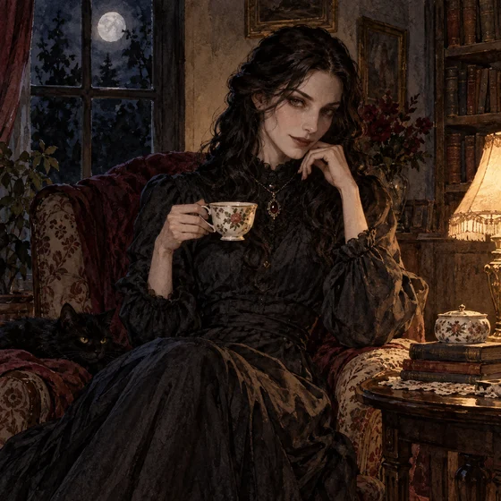 An imagined literary Bruxa in human disguise seated in a household at night.