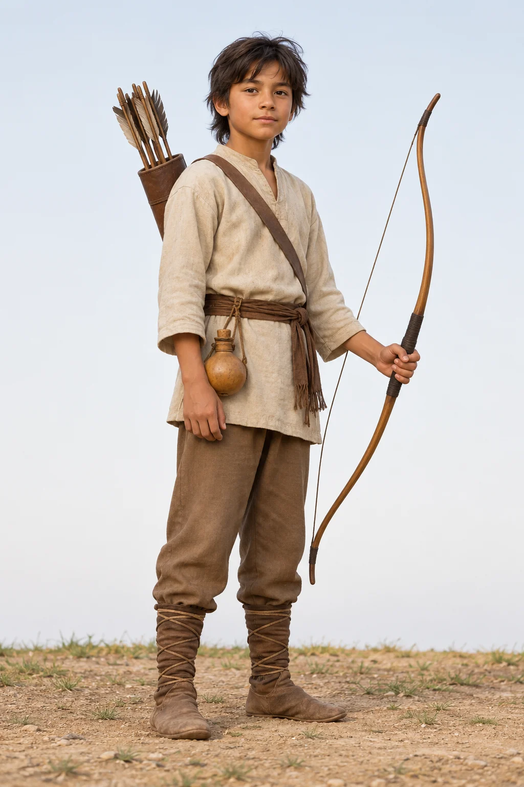 An imagined clothed boy with an undrawn bow, quiver and small gourd.