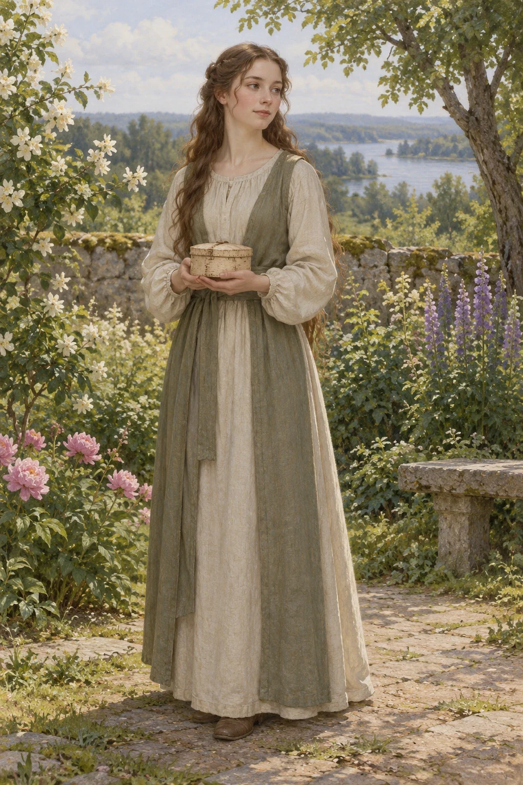 AI-generated adult human Rebuliina holding a little birch-bark casket in a garden