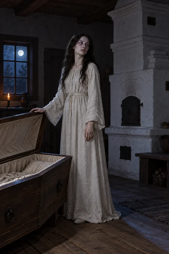Woman stands beside an open coffin and masonry stove.
