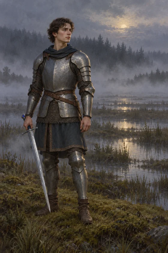 AI interpretation of Dunsany's young Leothric holding Sacnoth before entering the fortress.